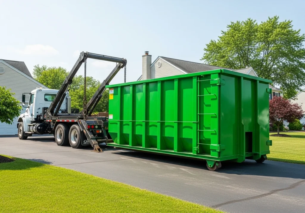 roll-off dumpster delivery truck arriving at residential driveway Woodbury NJ