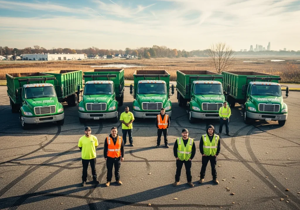 Woodbury Dumpster Rental crew standing with delivery trucks South Jersey