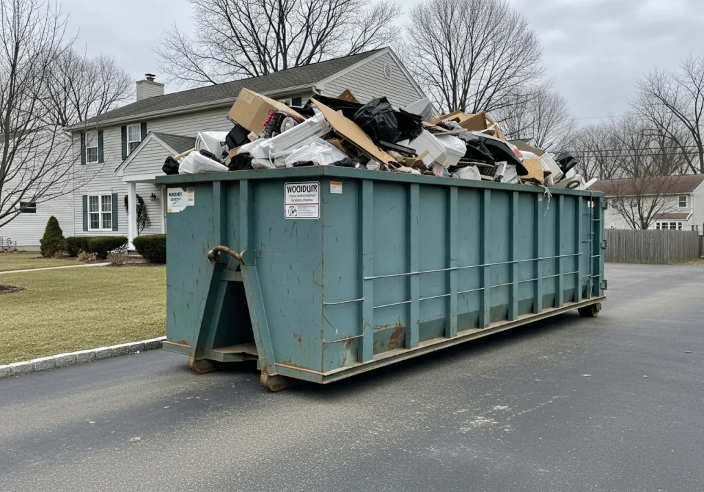 completed home cleanout Woodbury NJ full roll-off dumpster ready for pickup